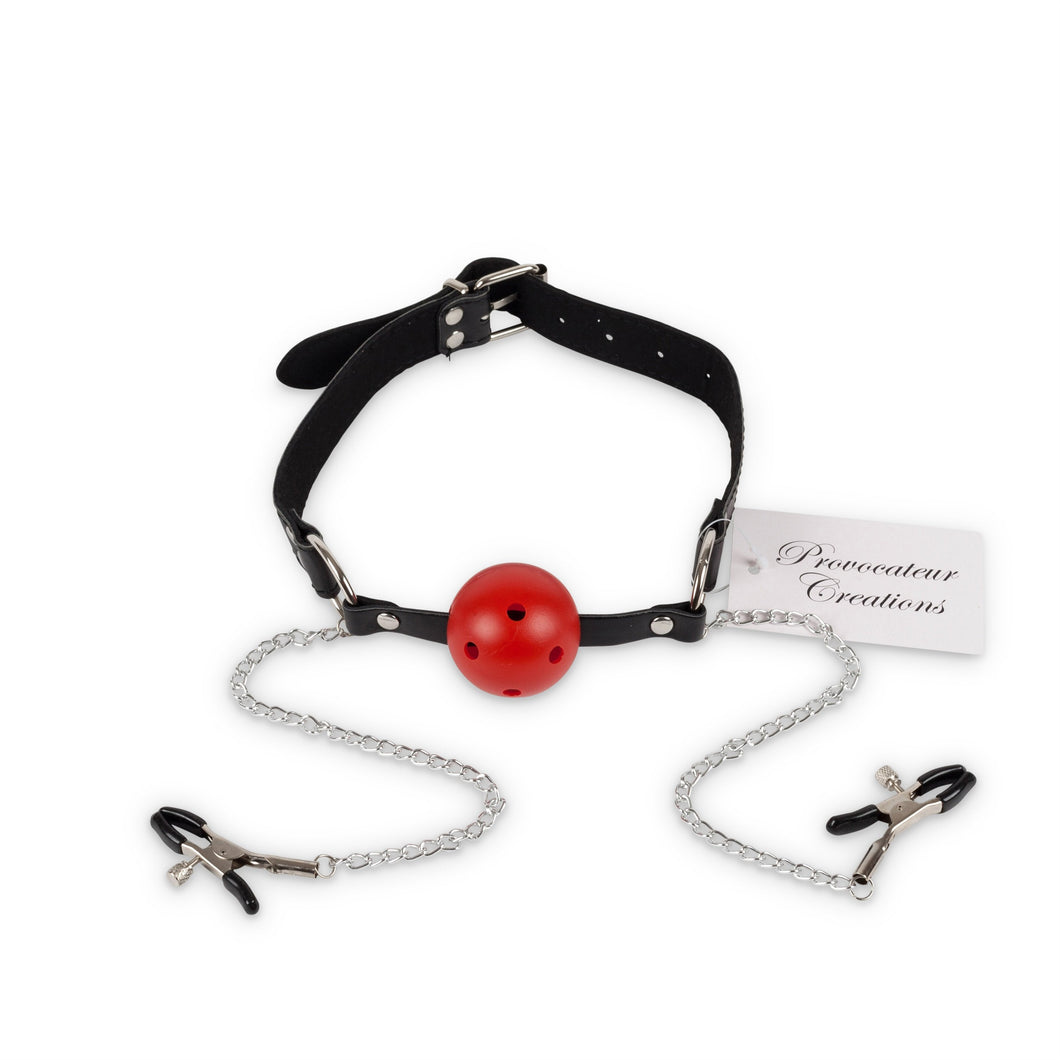 Bondage BDSM Mouth Ball Gag with Nipple Clamps Chain Sex Adult Toys Restraints Leather Adjustable