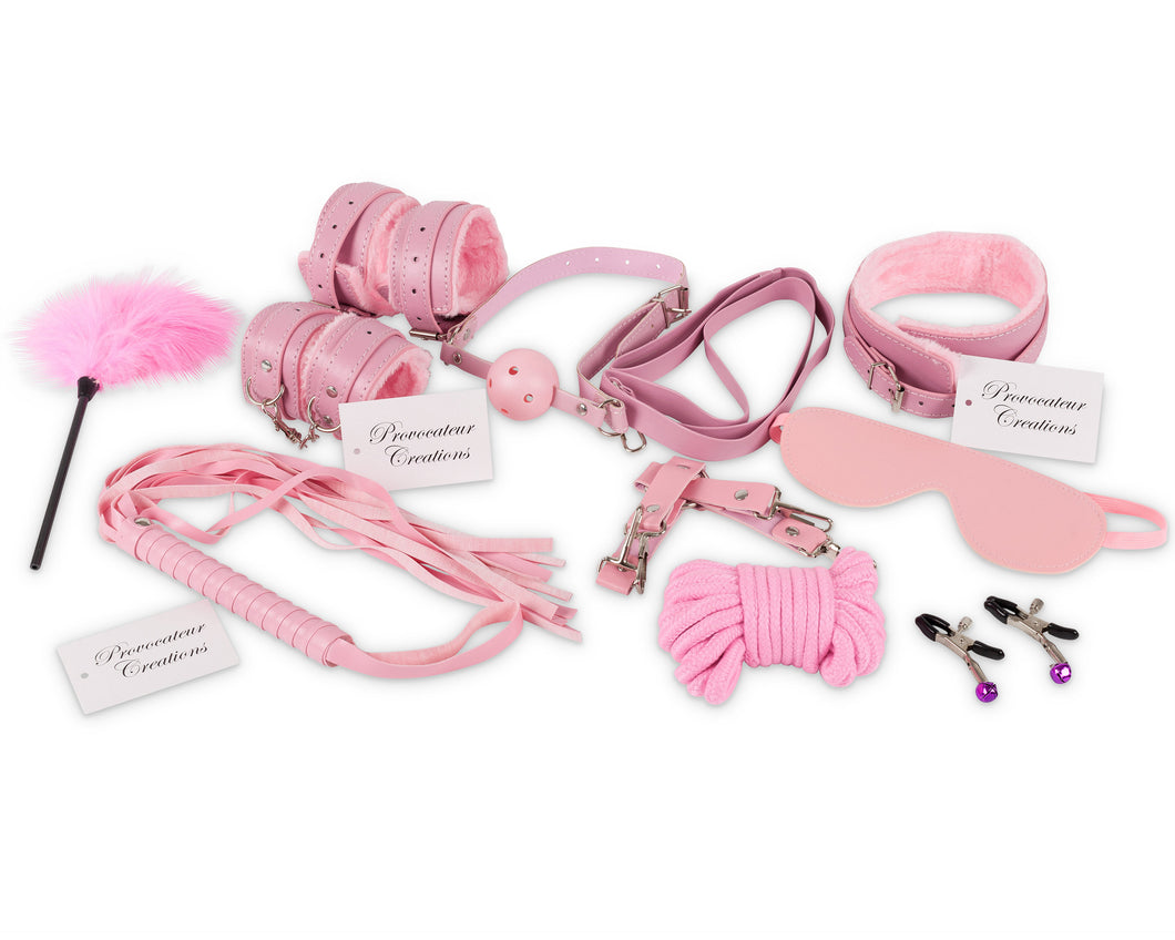 14 Piece Pink Bondage BDSM Sex Set / Leather / Sex Toy / Whip / Restraints / Cuffs /  Gag / Adult / Rope