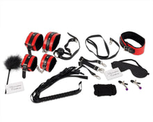 Load image into Gallery viewer, 14 Piece Bondage BDSM Sex Set Black Red / Leather / Sex Toy / Whip / Restraints / Cuffs /  Gag / Adult / Rope
