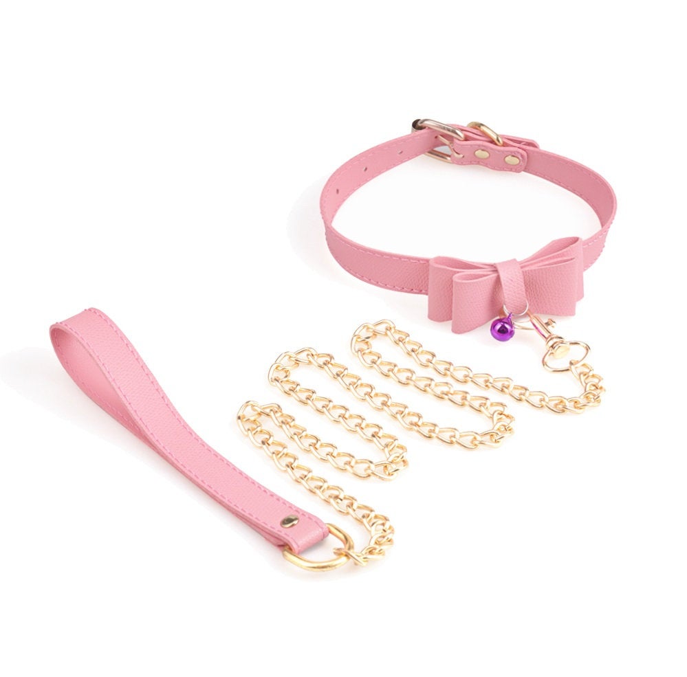 Bondage Dog Collar and Leash BDSM Pink Leather Metal Restraints Cuffs Se picture