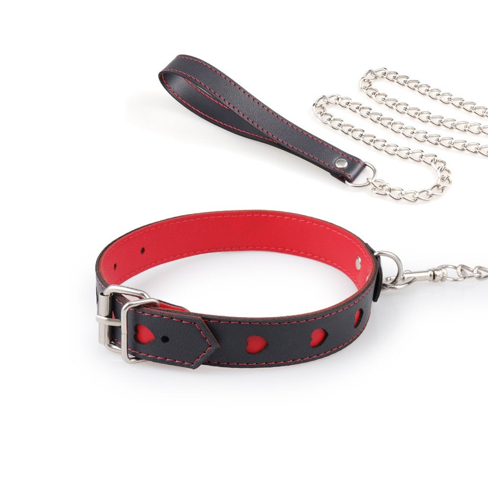 Bondage Dog Collar & Leash BDSM Black Red Hearts Leather Metal Restraints Cuffs Set Sex Toy Adult 50 Shades