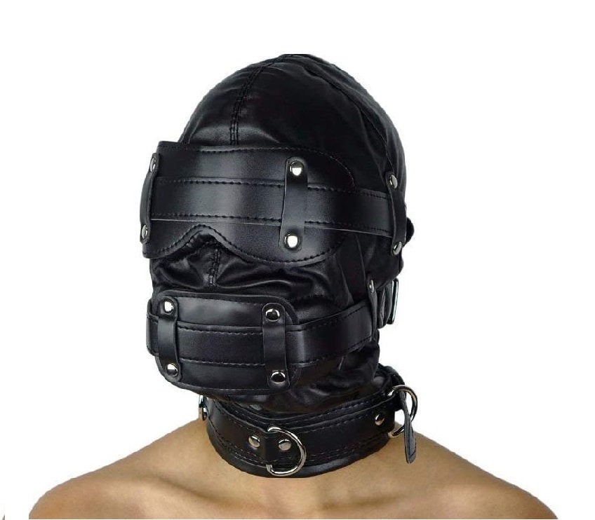 Black Leather Bondage BDSM Fetish Head Hood Mask with Mouth Dildo Sex Toy / Restraints / Cuffs /  Gag / Adult