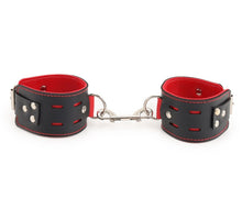 Load image into Gallery viewer, Black Red Bondage BDSM Leather Wrist Cuffs Restraints Set  / Sex Toy / Adult / 50 Shades
