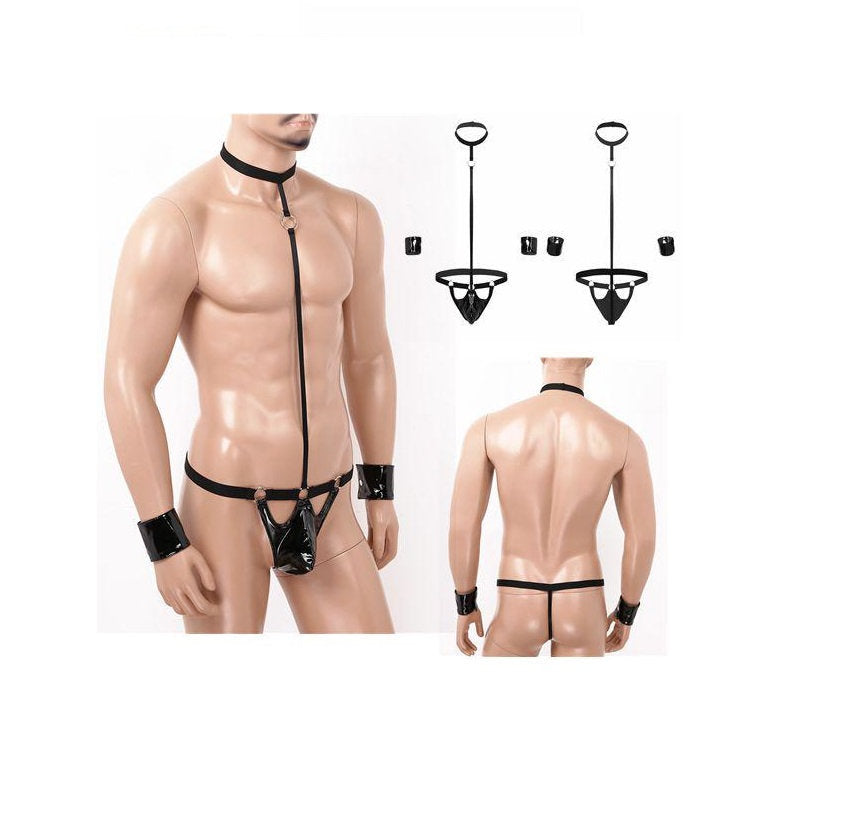Erotic Bondage Mens Lingerie Neck Bulge Pouch Leotard G-string Cuffs Gay Men Restraints Belt BDSM Adult Kinky Sexy Set