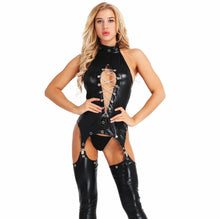 Load image into Gallery viewer, Erotic Bondage Lingerie Black Wet Look Full Outfit Leggings Thong Corset Bra Sexy Dominatrix BDSM Bondage Dom Adult Kinky Sexy Set
