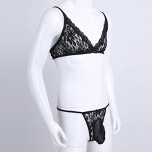 Load image into Gallery viewer, Erotic Mens Lingerie Black Lace 2 Piece Bra &amp; Thong Sissy Cuckold Sub Submissive Cross dresser Gay Men BDSM Adult Kinky Sexy Set Club Wear
