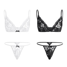 Load image into Gallery viewer, Erotic Mens Lingerie Black Lace 2 Piece Bra &amp; Thong Sissy Cuckold Sub Submissive Cross dresser Gay Men BDSM Adult Kinky Sexy Set Club Wear
