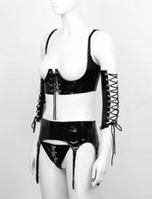 Load image into Gallery viewer, Erotic Bondage Lingerie Black Wet Look Outfit Thong Garter Corset Open Peep Hole Bra Sexy Dominatrix BDSM Bondage Dom Adult Kinky Sexy Set
