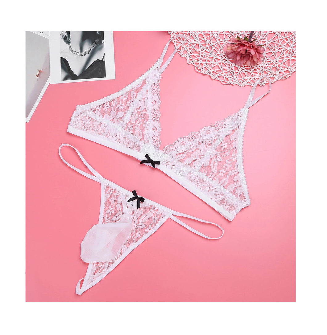 Erotic Mens Lingerie White Lace 2 Piece Bra and Thong Sissy Cuckold